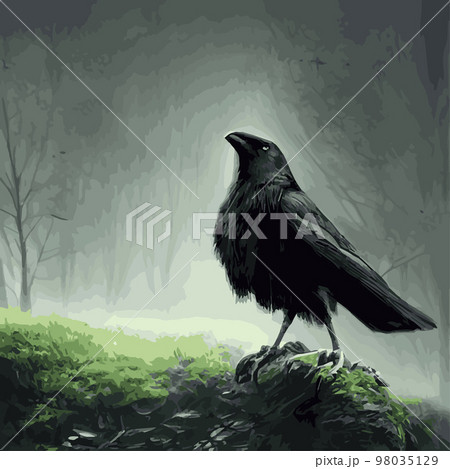 portrait Mystical Dire Bird Crow, Symbol of Gothic, Halloween, fear, by black crows terrible foggy forest. SET vector illustration. Unconditional wild animals drawings crows black silhouette portrait Mystical Dire Bird Crow, Symbol of Gothic, Halloween, fear, by black crows terrible foggy forest. SET vector illustration. Unconditional wild animals drawings crows black silhouette 98035129