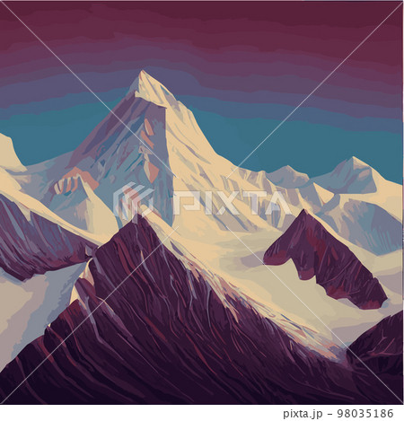 Winter mountain landscape with snow against blue sky, winter holidays, forest landscape and solitary mountain. Minimalistic vector illustration. mountain peak, Snowy mountains peaks Winter mountain landscape with snow against blue sky, winter holidays, forest landscape and solitary mountain. Minimalistic vector illustration. mountain peak, Snowy mountains peaks 98035186