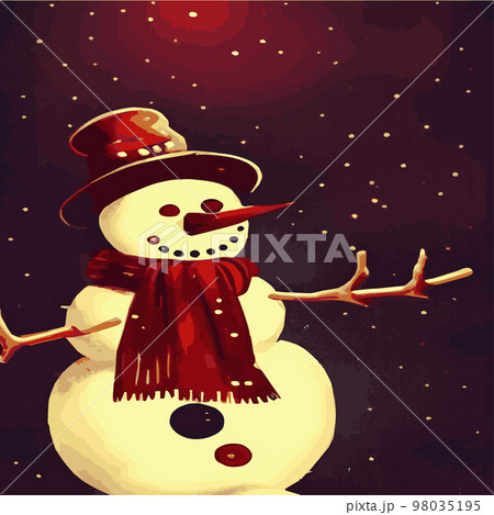 Vector illustration of a winter Christmas snowman with gifts, Christmas snow background. Christmas card with funny snowman in Santa Cap with gift boxes against winter forest 98035195