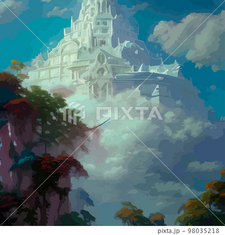 Creative illustration and innovative art: Ancient Chinese Temple in the clouds on a rocky mountain. background for a holiday card 98035218