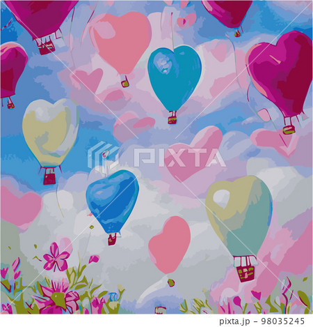 Valentines red heart balloons vector design with floating love on blue sky background Valentine's Day. Vector illustration. balloon in the shape heart, about small hearts around. Vector illustration Valentines red heart balloons vector design with floating love on blue sky background Valentine's Day. Vector illustration. balloon in the shape heart, about small hearts around. Vector illustration 98035245