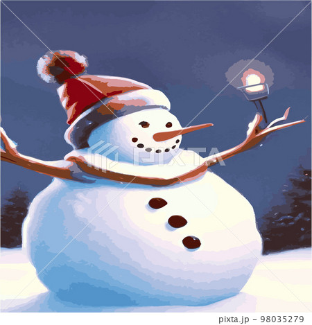 Vector illustration of a winter Christmas snowman with gifts, Christmas snow background. Christmas card with funny snowman in Santa Cap with gift boxes against winter forest 98035279