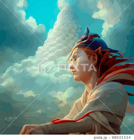 Creative illustration and innovative art: Ancient Chinese Temple in the clouds on a rocky mountain. background for a holiday card 98035334