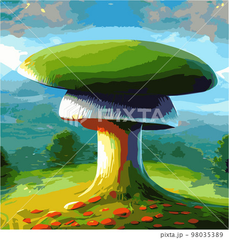 Surreal rowing landscape vector illustration. Enchanted forest with mushrooms magic. meadow with colorful mushrooms fantasy style. Beautiful magic mushrooms lost forest and fireflies background fog Surreal rowing landscape vector illustration. Enchanted forest with mushrooms magic. meadow with colorful mushrooms fantasy style. Beautiful magic mushrooms lost forest and fireflies background fog 98035389
