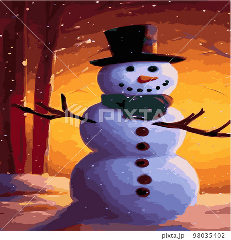 Vector illustration of a winter Christmas snowman with gifts, Christmas snow background. Christmas card with funny snowman in Santa Cap with gift boxes against winter forest 98035402