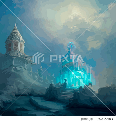 Creative illustration and innovative art: Ancient Chinese Temple in the clouds on a rocky mountain. background for a holiday card Creative illustration and innovative art: Ancient Chinese Temple in the clouds on a rocky mountain. background for a holiday card 98035403