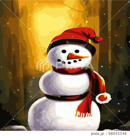 Vector illustration of a winter Christmas snowman with gifts, Christmas snow background. Christmas card with funny snowman in Santa Cap with gift boxes against winter forest Vector illustration of a winter Christmas snowman with gifts, Christmas snow background. Christmas card with funny snowman in Santa Cap with gift boxes against winter forest 98035546