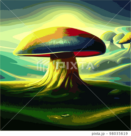 surreal mushroom landscape, vector illustration. Psychedelic art with mushrooms. Abstract poster design. Surreal graphic abstraction. Fantastic wonderland landscape with mushrooms 98035619