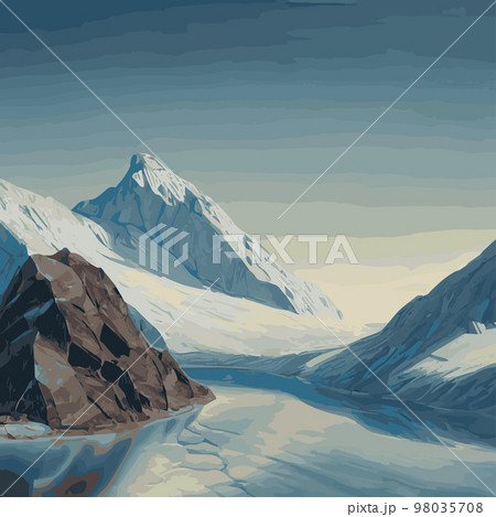 Winter mountain landscape with snow against blue sky, winter holidays, forest landscape and solitary mountain. Minimalistic vector illustration. mountain peak, Snowy mountains peaks 98035708