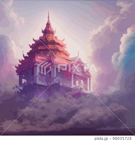 Creative illustration and innovative art: Ancient Chinese Temple in the clouds on a rocky mountain. background for a holiday card 98035728