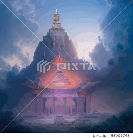 Creative illustration and innovative art: Ancient Chinese Temple in the clouds on a rocky mountain. background for a holiday card 98035743
