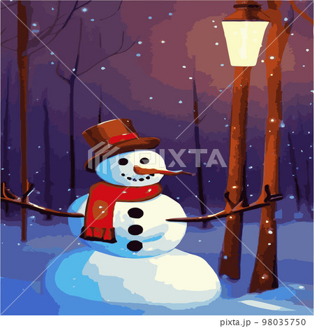 Vector illustration of a winter Christmas snowman with gifts, Christmas snow background. Christmas card with funny snowman in Santa Cap with gift boxes against winter forest Vector illustration of a winter Christmas snowman with gifts, Christmas snow background. Christmas card with funny snowman in Santa Cap with gift boxes against winter forest 98035750