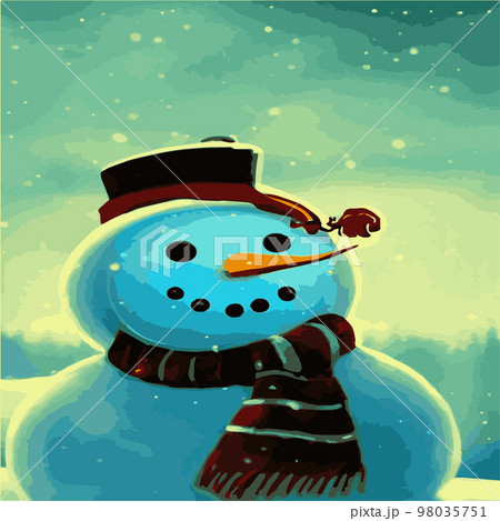 Vector illustration of a winter Christmas snowman with gifts, Christmas snow background. Christmas card with funny snowman in Santa Cap with gift boxes against winter forest Vector illustration of a winter Christmas snowman with gifts, Christmas snow background. Christmas card with funny snowman in Santa Cap with gift boxes against winter forest 98035751
