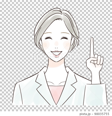 A woman in a white coat pointing with a smile 98035755