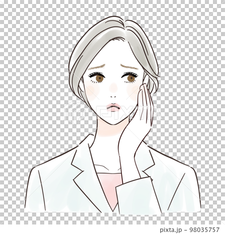 Illustration of a woman in a white coat who is troubled and worried 98035757