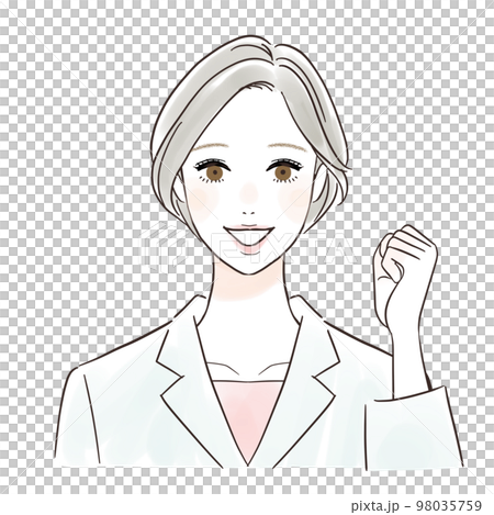 A woman in a white coat with a guts pose cheering with a smile 98035759