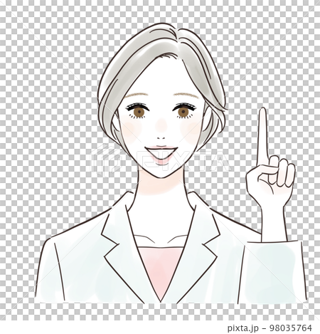 A woman in a white coat pointing with a smile A woman in a white coat pointing with a smile 98035764