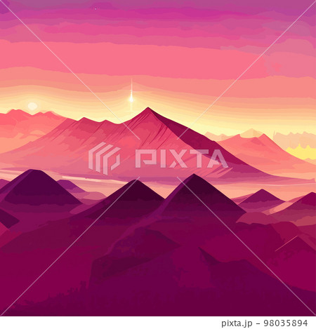 brightly colored mountain ranges. Beautiful landscape, foggy fog mountain slopes. Abstract gradient, vector illustration. geometric, colorful abstract shapes  98035894