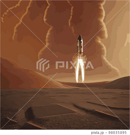The outer space launch system takes off. Vector illustration , astronomy, space exploration, colonization of Mars. Space adventure. First colonies. Terraforming. Modern flat design. 98035895