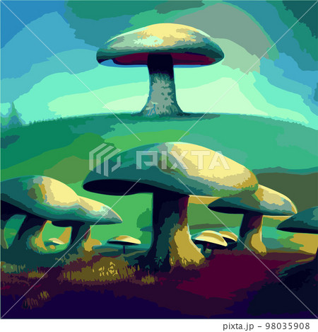 surreal mushroom landscape, vector illustration. Psychedelic art with mushrooms. Abstract poster design. Surreal graphic abstraction. Fantastic wonderland landscape with mushrooms surreal mushroom landscape, vector illustration. Psychedelic art with mushrooms. Abstract poster design. Surreal graphic abstraction. Fantastic wonderland landscape with mushrooms 98035908