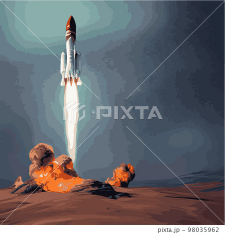 The outer space launch system takes off. Vector illustration , astronomy, space exploration, colonization of Mars. Space adventure. First colonies. Terraforming. Modern flat design. 98035962