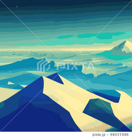 brightly colored mountain ranges. Beautiful landscape, foggy fog mountain slopes. Abstract gradient, vector illustration. geometric, colorful abstract shapes  98035986
