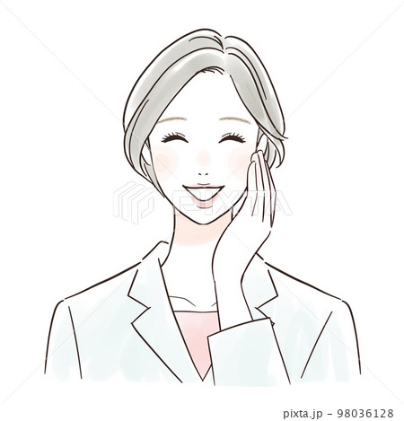 頰を触って喜ぶ白衣の女性 98036128