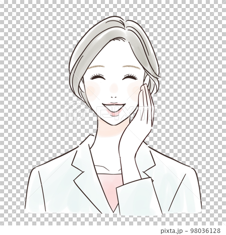 頰を触って喜ぶ白衣の女性 98036128