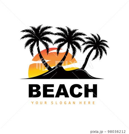 Coconut Tree Logo With Beach Atmosphere, Beach Plant Vector, Sunset View Design 98036212