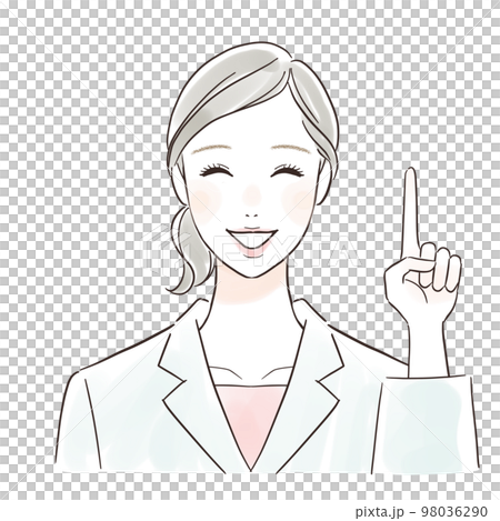 A woman in a white coat pointing with a smile 98036290