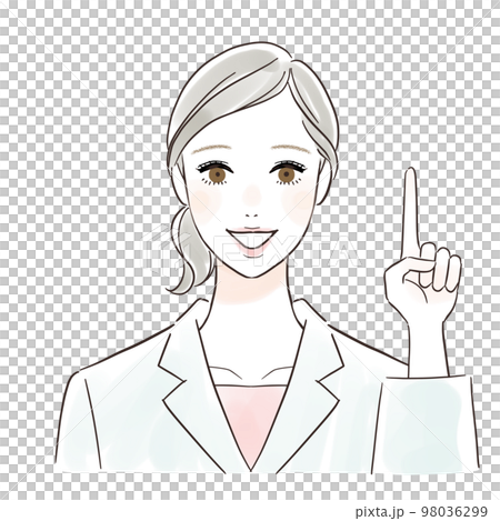 A woman in a white coat pointing with a smile A woman in a white coat pointing with a smile 98036299