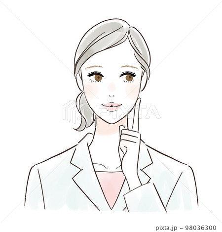 笑顔で何か考えている白衣の女性のイラスト 笑顔で何か考えている白衣の女性のイラスト 98036300
