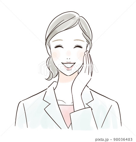 頰を触って喜ぶ白衣の女性 98036483