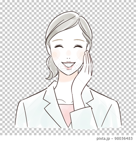 頰を触って喜ぶ白衣の女性 98036483
