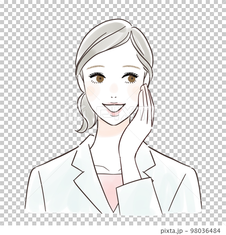 A woman in a white coat who is happy to touch her cheeks A woman in a white coat who is happy to touch her cheeks 98036484