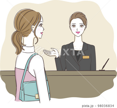 フロントで受付をする若い女性のイラスト フロントで受付をする若い女性のイラスト 98036834