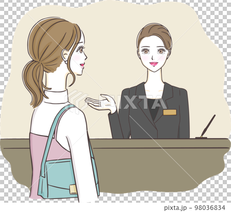 Illustration of a young woman who accepts at the front desk 98036834