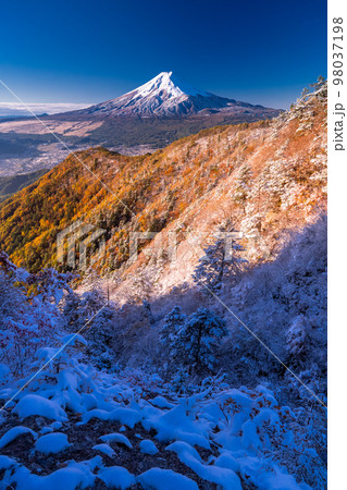 《山梨県》富士山と三段紅葉の三つ峠・紅葉と積雪の共存 98037198