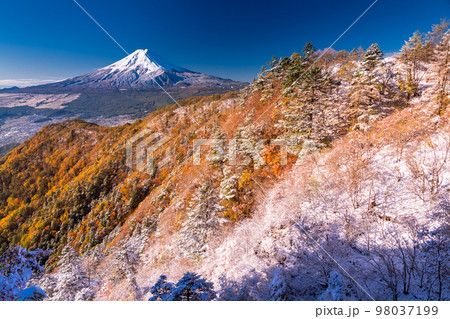 《山梨県》富士山と三段紅葉の三つ峠・紅葉と積雪の共存 98037199