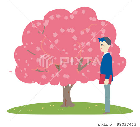 卒業式の日桜の木の下に立つ学生服を着た男子学生　イラスト素材 98037453