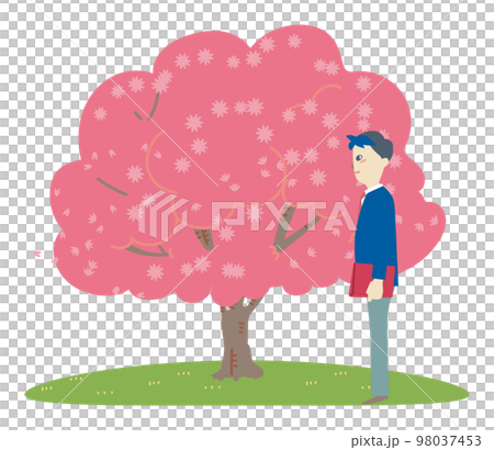 卒業式の日桜の木の下に立つ学生服を着た男子学生　イラスト素材 98037453