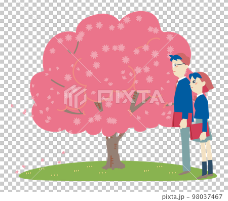 卒業式の日桜の木の下に立つ学生服を着た男女　イラスト素材 98037467