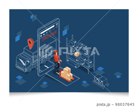 3D isometric Smart logistics concept with Warehouse Logistics and Management, Logistics solutions complete supply chain, transportation truck use wireless technoloty. Eps10 vector illustration 3D isometric Smart logistics concept with Warehouse Logistics and Management, Logistics solutions complete supply chain, transportation truck use wireless technoloty. Eps10 vector illustration 98037645