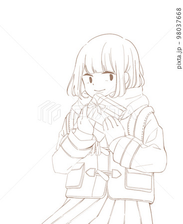 バレンタインにチョコを渡す女の子のイラスト(線画) 98037668