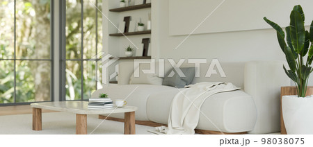 Modern contemporary home living room with comfy white couch, coffee table, houseplant 98038075