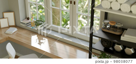 Top view, Modern minimal home living room with copy space on wood table against the window Top view, Modern minimal home living room with copy space on wood table against the window 98038077
