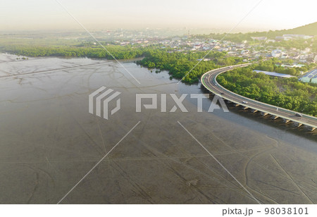 Aerial view of mudflat, mangrove forest, and sustainable city and green mangrove forest. Mangroves capture CO2 from the atmosphere. Blue carbon ecosystems. Mangroves absorb carbon dioxide emissions. 98038101