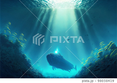 水中 光 海底 魚 海 太陽 深海 泡 海藻 洞窟 青 98038419