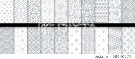 Geometric floral set of seamless patterns. White and gray vector backgrounds. Damask graphic ornaments Geometric floral set of seamless patterns. White and gray vector backgrounds. Damask graphic ornaments 98040270