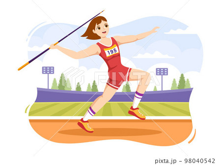 Javelin Throwing Athlete Illustration using a Long Lance Shaped Tool to Throw in Sports Activity Flat Cartoon Hand Drawn Template 98040542